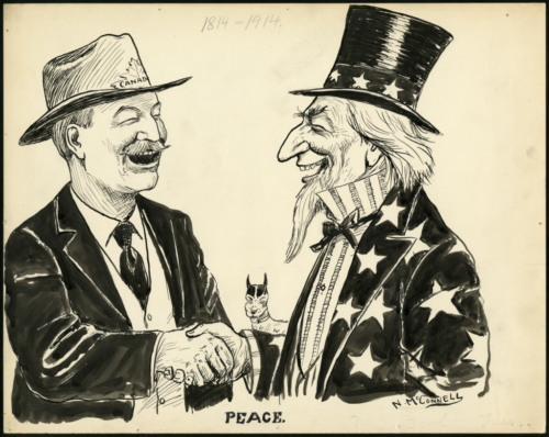 Johnny Canuck and Uncle Sam shake hands. Johnny Canuck, the personification of Canada, wears a wide-brimmed hat with a maple leaf and “CANADA” on the band. He shakes the hand of Uncle Sam, the personification of the United States. Below them, a caption reads “PEACE” and above is the faint hand-written impression of the years “1814-1914.”