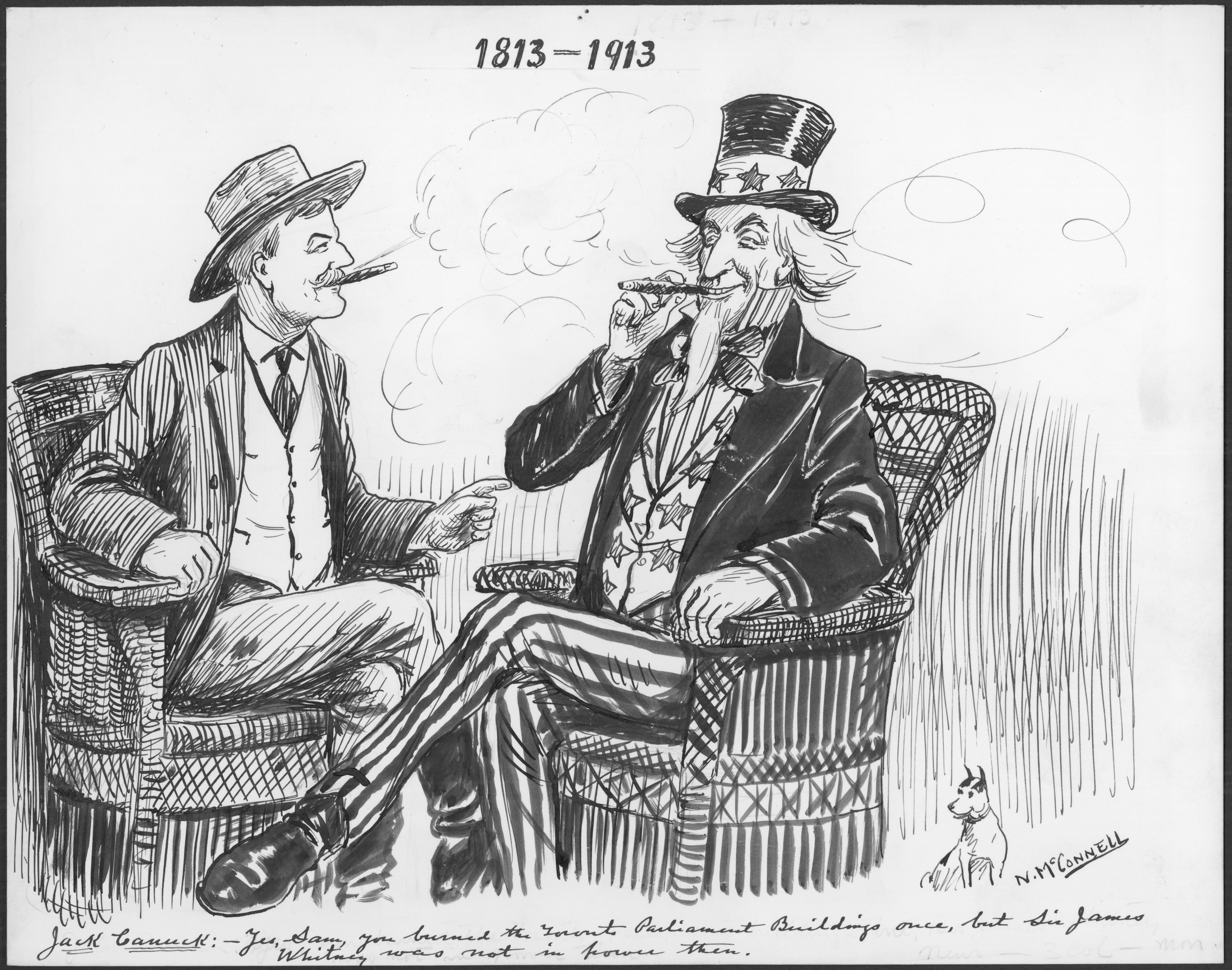 "Jack Canuck: Yes Sam, you burned the Toronto Parliament Buildings once, but Sir James Whitney was not in power then" Uncle Sam and Jack Canuck smoke cigars together Johnny, or Jack, Canuck sits with Uncle Sam, the pair smoking cigars, with cordial smiles on their faces. Clouds of smoke billow about their heads. Canuck is dressed in a regular, plain three-piece suit and a wide-brimmed hat. He is leaning forward in his chair, pointing at Uncle Sam. Uncle Sam wears a black coat, a starry waistcoat, long striped pants, and a black tall top hat with stars on the band. He leans back in his chair, relaxed.