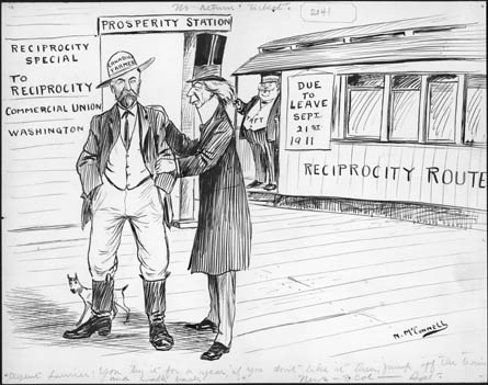 Cartoon of Laurier and Johnny Canuck in conversation at a railway station In the forefront, on the left half of the image, Laurier is seen in profile facing left, with his right hand on the shoulder of a man and his left hand resting on the man’s left forearm. Laurier is wearing a long jacket reaching down to his knee and an exaggeratedly tall top hat. The man next to Laurier is wearing a hat with the label “CANADIAN FARMER” on it. The man’s knees are slightly bent and his hands are deep in his trouser pockets. Immediately behind the man’s right foot is a small dog. Behind the two men on the left hand side is a railway station building with the title “PROSPERITY STATION”. Under this sign and to the leftmost side there are three signs. On the topmost sign is written “RECIPROCITY SPECIAL” and just under it “TO RECIPROCITY”. The sign underneath it reads “COMMERCIAL UNION”, and underneath it is another sign that reads “WASHINGTON”. To the right of the station building there is a train, with an attendant standing at the front of the train facing out to the station, with the word “TAFT” written on the front of his uniform. To his immediate right there is a sign hanging over the train that reads “DUE TO LEAVE SEPT 21ST 1911”. Underneath it the words “RECIPROCITY ROUTE” are written on the side of the train. At the immediate bottom of the drawing is a caption written in cursive that reads “AGENT LAURIER: YOU TRY IT FOR A YEAR, IF YOU DON'T LIKE IT THEN, JUMP OFF THE TRAIN AND WALK BACK" NEWTON MCCONNELL. CIRCA 1910.”.