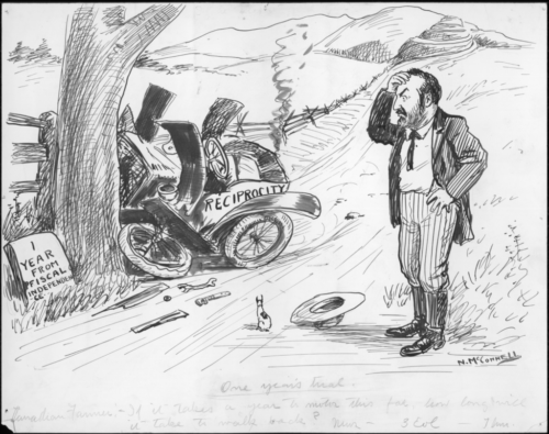 Drawing of someone looking at an automobile that crashed into a tree. On the right hand side, a man is standing facing left, with his left hand resting on his left hip and his right hand scratching his forehead. In front of his feet on the ground a hat. Next to the hat a small dog looking to the left. On the left hand side a tree and adjacently to the right of it a badly crashed car with the word “RECIPROCITY” on it and with most of its parts visibly damaged and releasing smoke. On the ground at the immediate bottom left side of the tree lies a stone block with the words “1 YEAR FROM FISCAL INDEPENDENCE”. The caption written in cursive at the bottom of the drawing reads ""ONE YEAR'S TRIAL. CANADIAN FARMER: IF IT TAKES A YEAR TO MOTOR THIS FAR, HOW LONG WILL IT TAKE TO WALK BACK?" NEWTON MCCONNELL. CIRCA 1911.“