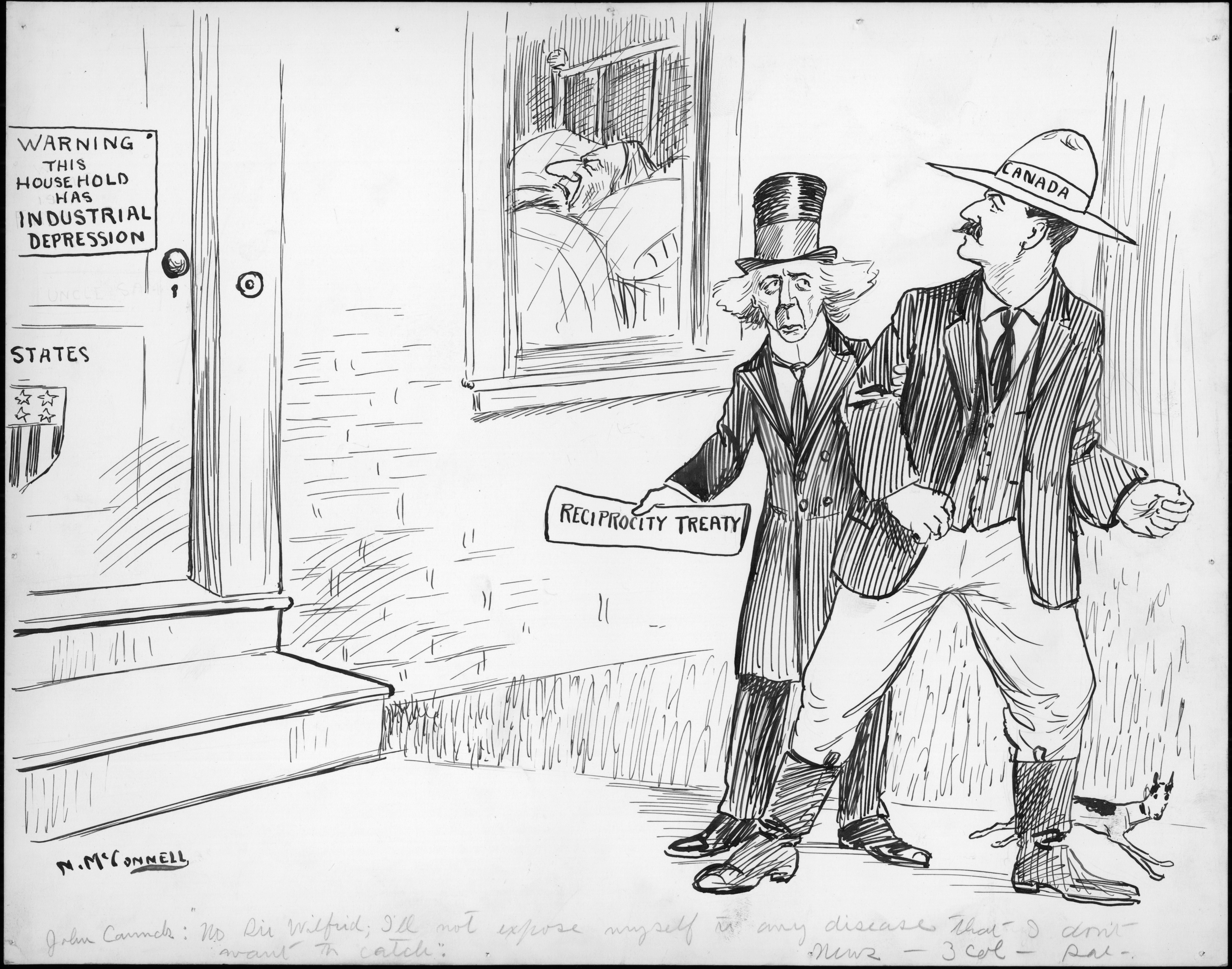 Laurier fails to lure John Canuck into the United States. In the background is a house with the United States crest and a sign that reads “WARNING: THIS HOUSEHOLD HAS INDUSTRIAL DEPRESSION” on the door. Through the window next to the door, a bedridden Uncle Sam can be seen. Outside the house in the foreground, Sir Wilfrid Laurier, shown in a fine coat and top hat, stands positioned to guide the way into the house. In Laurier’s hand is a roll of paper that reads “RECIPROCITY TREATY.” Laurier looks concerned at John Canuck. John Cannuck [sic] turns his body away from while he looks back at the house and Laurier. His expression stern. Across the band of his hat reads “CANADA.”