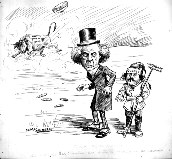 "Tossed the compromise. Sir Wilfrid:- "Gar! Baptiste, that brute is making me so nervous." Laurier worries about a rampaging bull