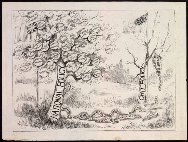 Cartoon of caterpillars leaving a desiccated tree for a new, fruitful tree to consume In the foreground, a tree labeled “NATIONAL POLICY” bears a pethura of fruit, each labeled with different goods and industries. By this tree flies a flag, most likely the Canadian Red Ensign — the flag representing the Dominion of Canada for much of the 1800s through the early 1900s. In the background is another tree — bare, fruitless and leafless, it is labeled “GRIT POLICY.” Behind it flies the United States flag. An army of caterpillars, each labeled “ANNEXATION,” depart a sac labeled “UNRESTRICTED RECIPROCITY” hanging from the desiccated tree. The caterpillars march toward the fruitful National Policy tree, climbing up its trunk, intending to consume it.