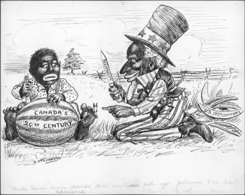 Uncle Sam:-"Lemme divide that mellion foh yo' Johnnie I'se had experience." In blackface, Uncle Sam guides Canada in planning the 20th century