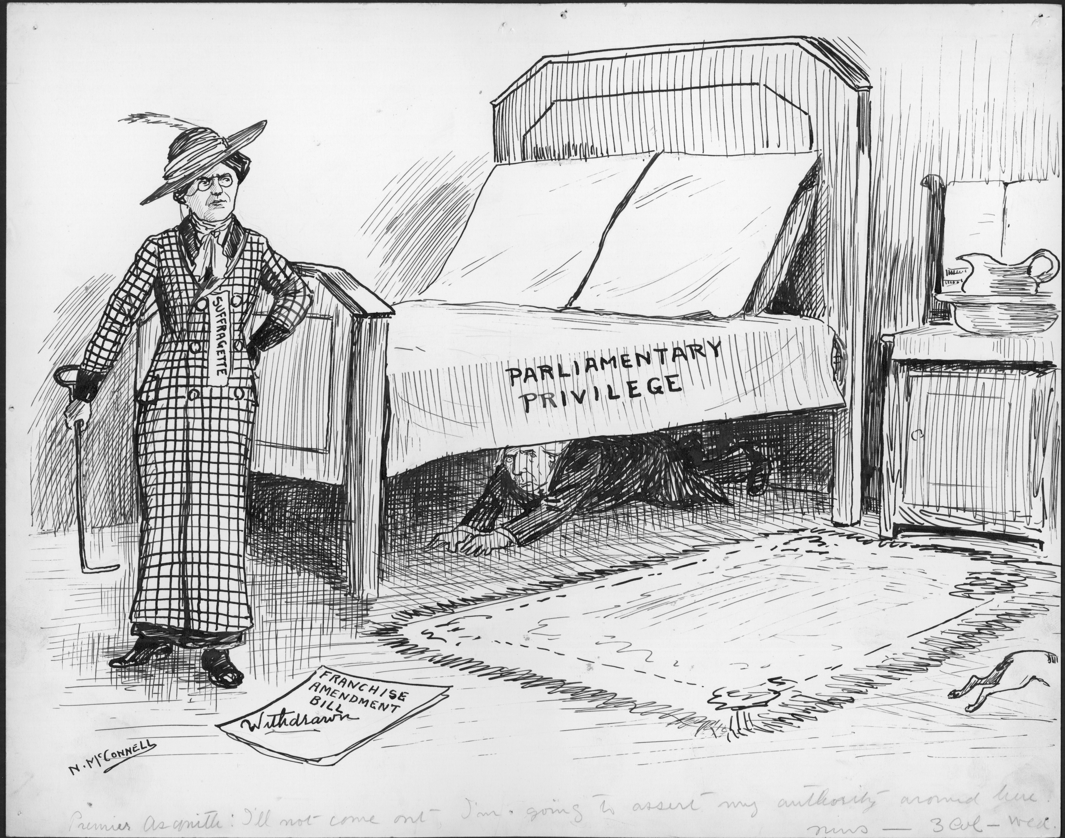 Premier Asquith: "I'll not come out, I'm going to assert my authority around here" The British Premier hides under a bed from a suffragette