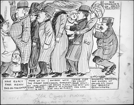 A crowd of people struggle to board a streetcar